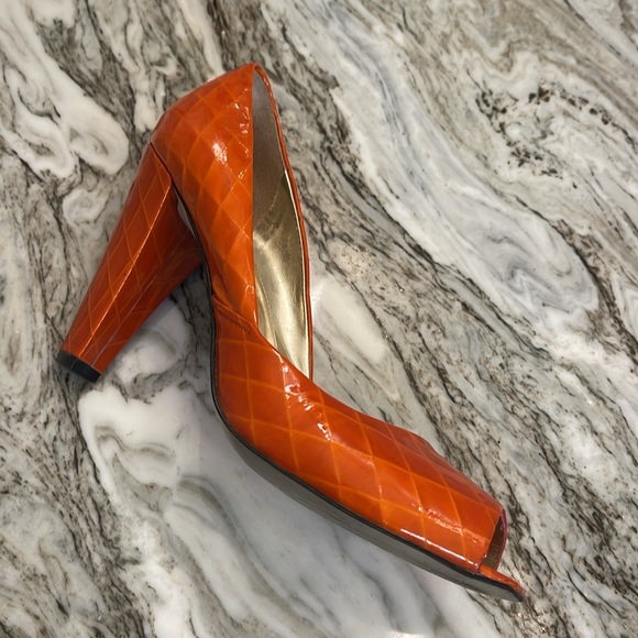 ENZO ANGIOLINI Open Toe Patin Leather Pump/Diamond Pattern/Tangerine - Picture 6 of 12